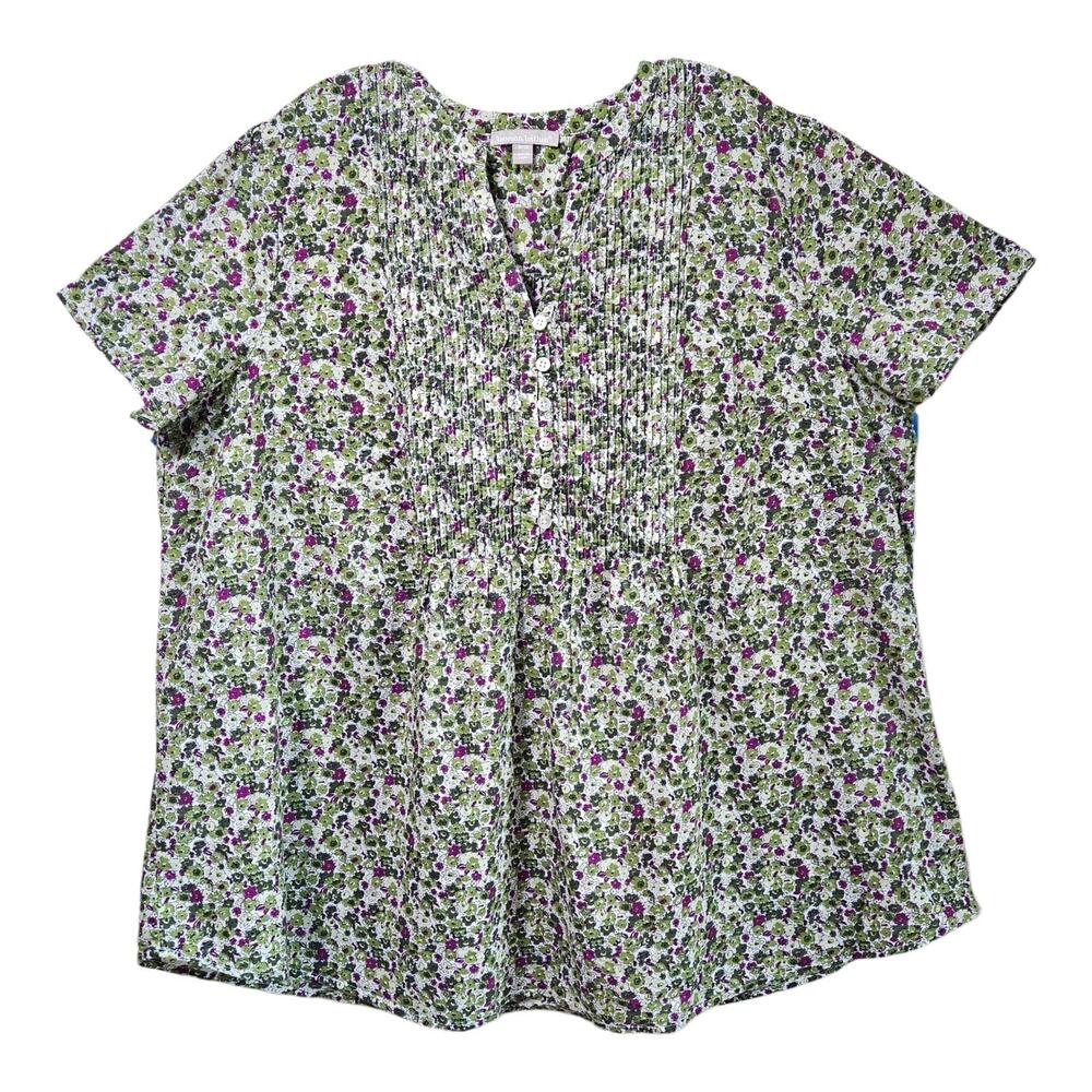 WOMAN WITHIN Plus 18 20 Tunic Blouse Floral Green Purple Pleated Cotton 52" NEW
